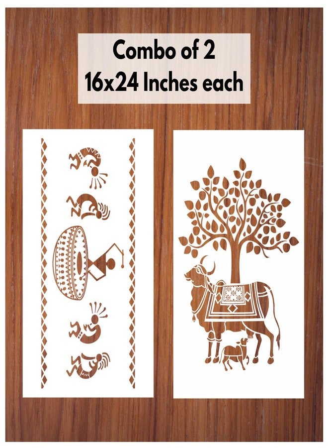 StenCart Combo of 2 Drum Warli Art & Kamdhenu Cow Stencils for Wall Painting DIY Reusable Wall Stencil Design for Wall Decoration (16x24 inch) -Pack of 2 - Image 1